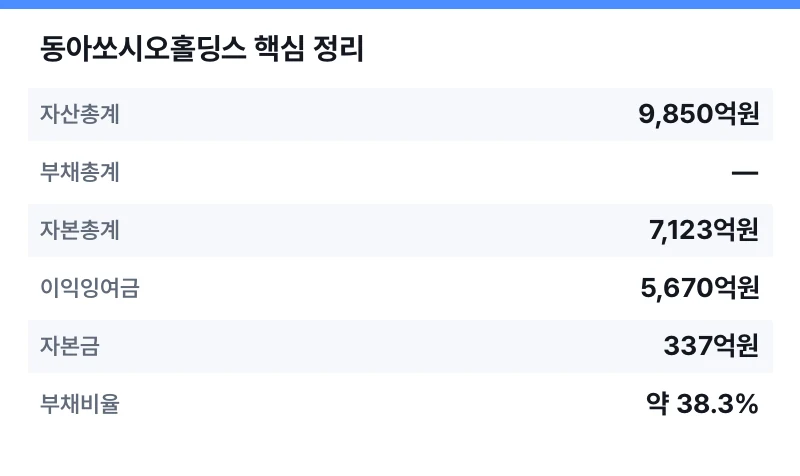 동아쏘시오홀딩스 핵심 정리 표